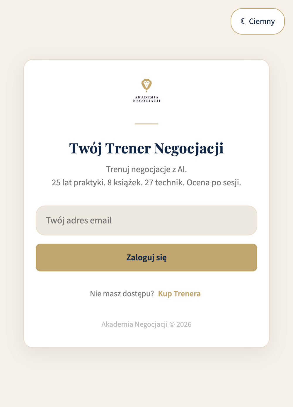 Ekran logowania Trenera Negocjacji — zaloguj się emailem