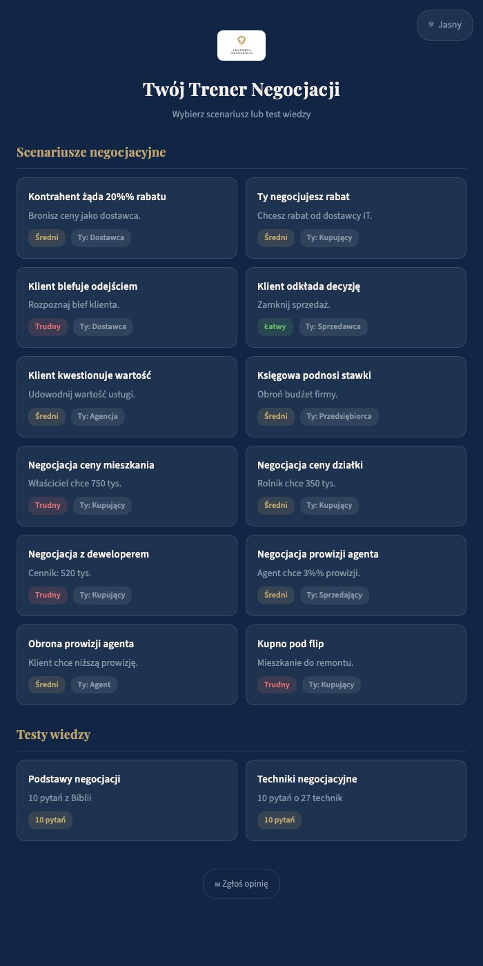 Trener Negocjacji – ekran wyboru scenariuszy